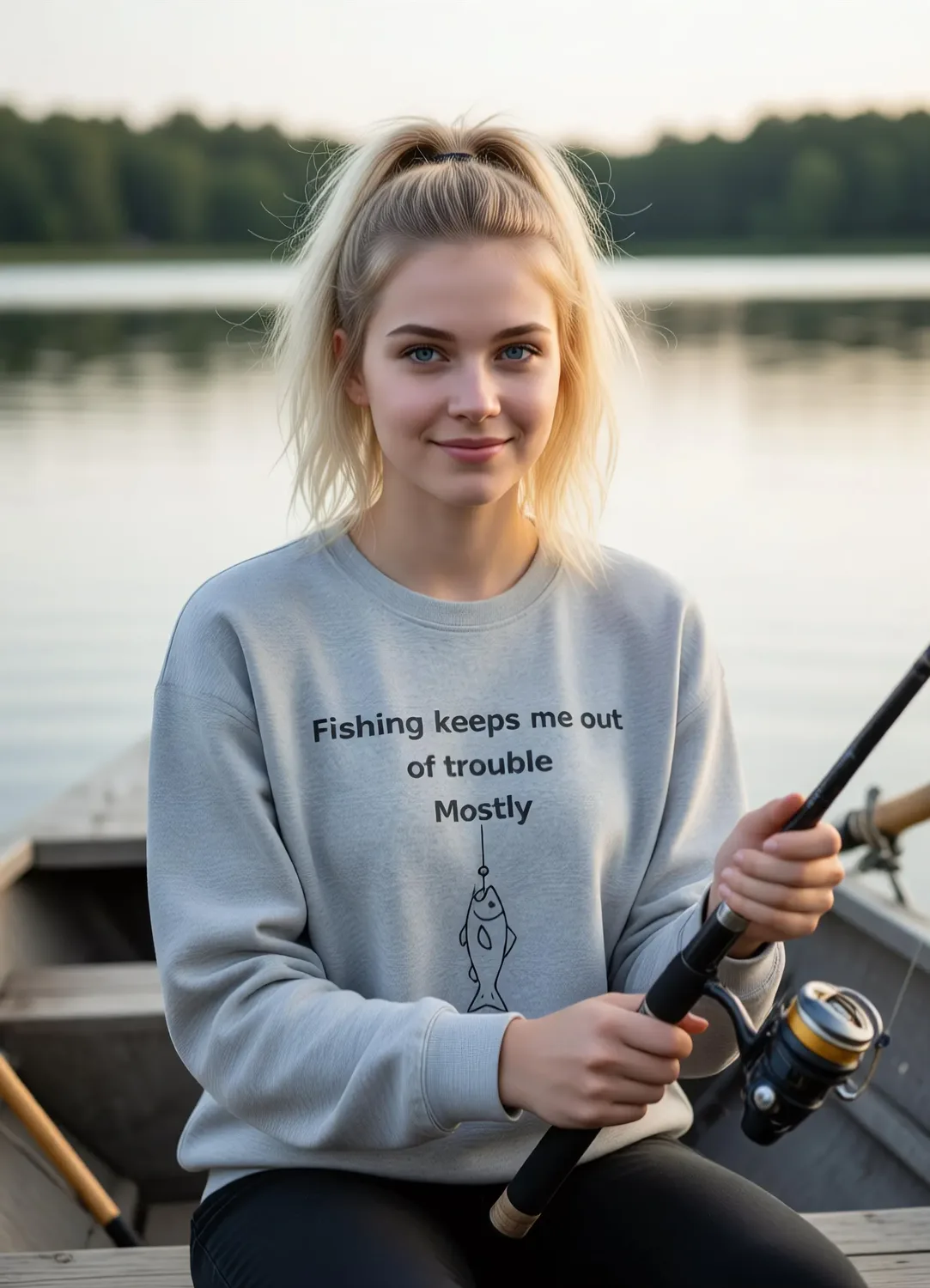 Fishing sweatshirt pose
